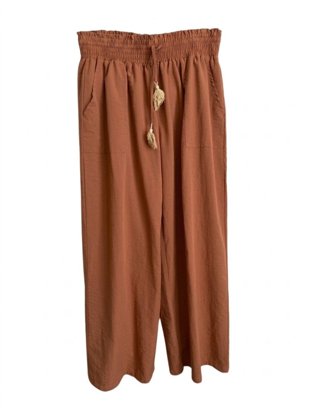 Plus Size Textured Wide Leg Pants 2XL Rust Smocked Waist Drawstring Boho Pockets
